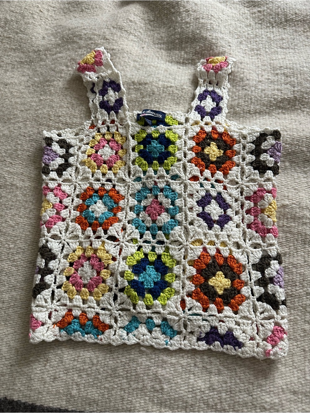 Freshman Crochet Tank Top White with Multicolor Granny Squares
